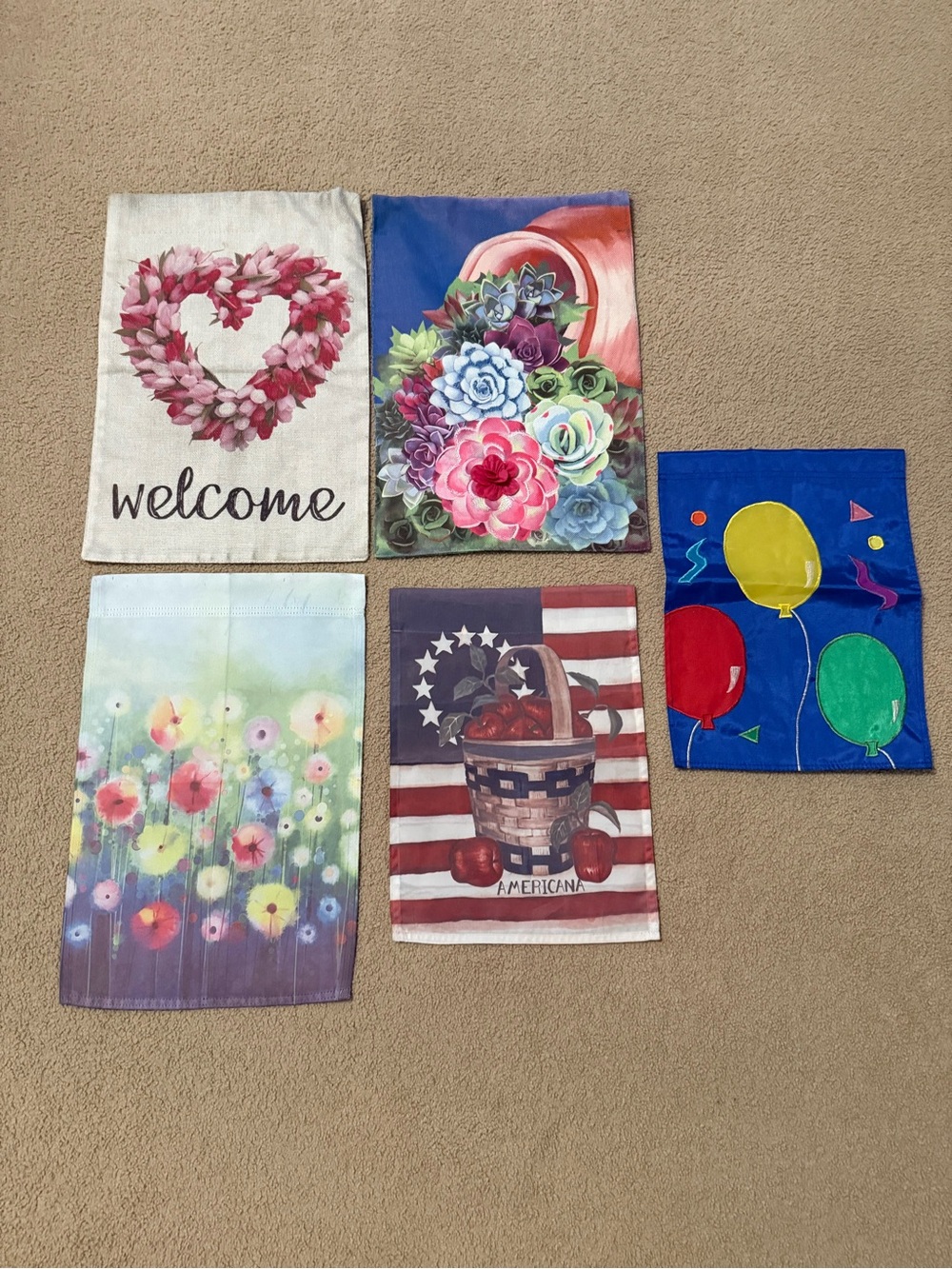 Lot of 5 Assorted Floral and Celebration Garden Flags - White, Blue, Multicolor